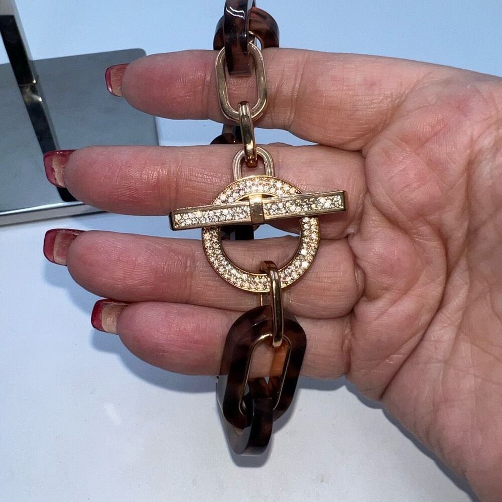 Michael Kors Tortoise Shell Large Link Crystal Rose Gold Toggle Bracelet